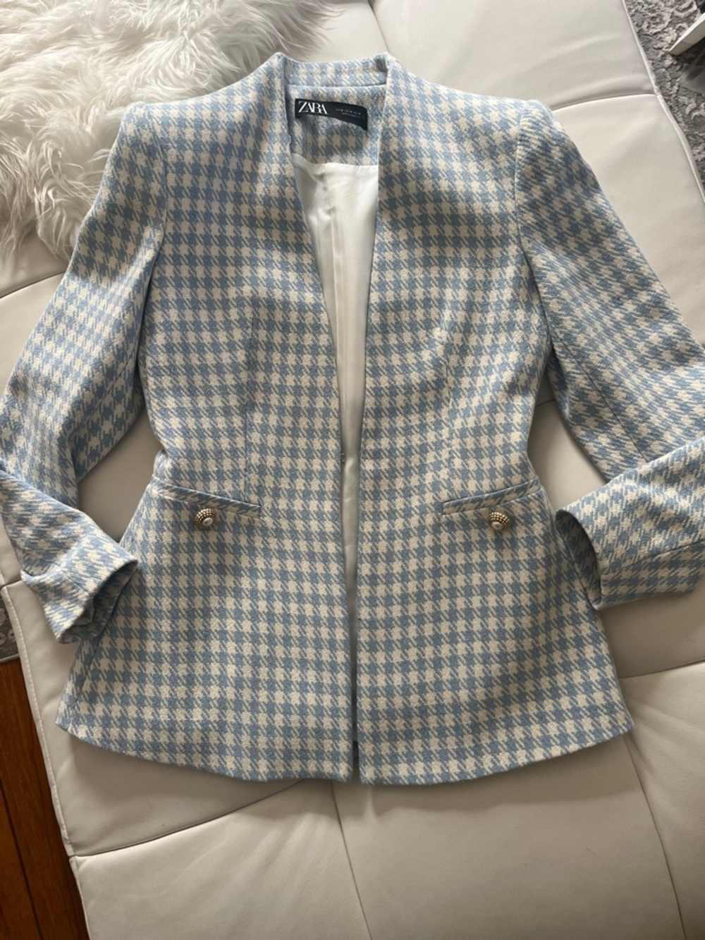 Zara Light Blue & White Houndstooth Collarless Blazer - Picture 2 of 14